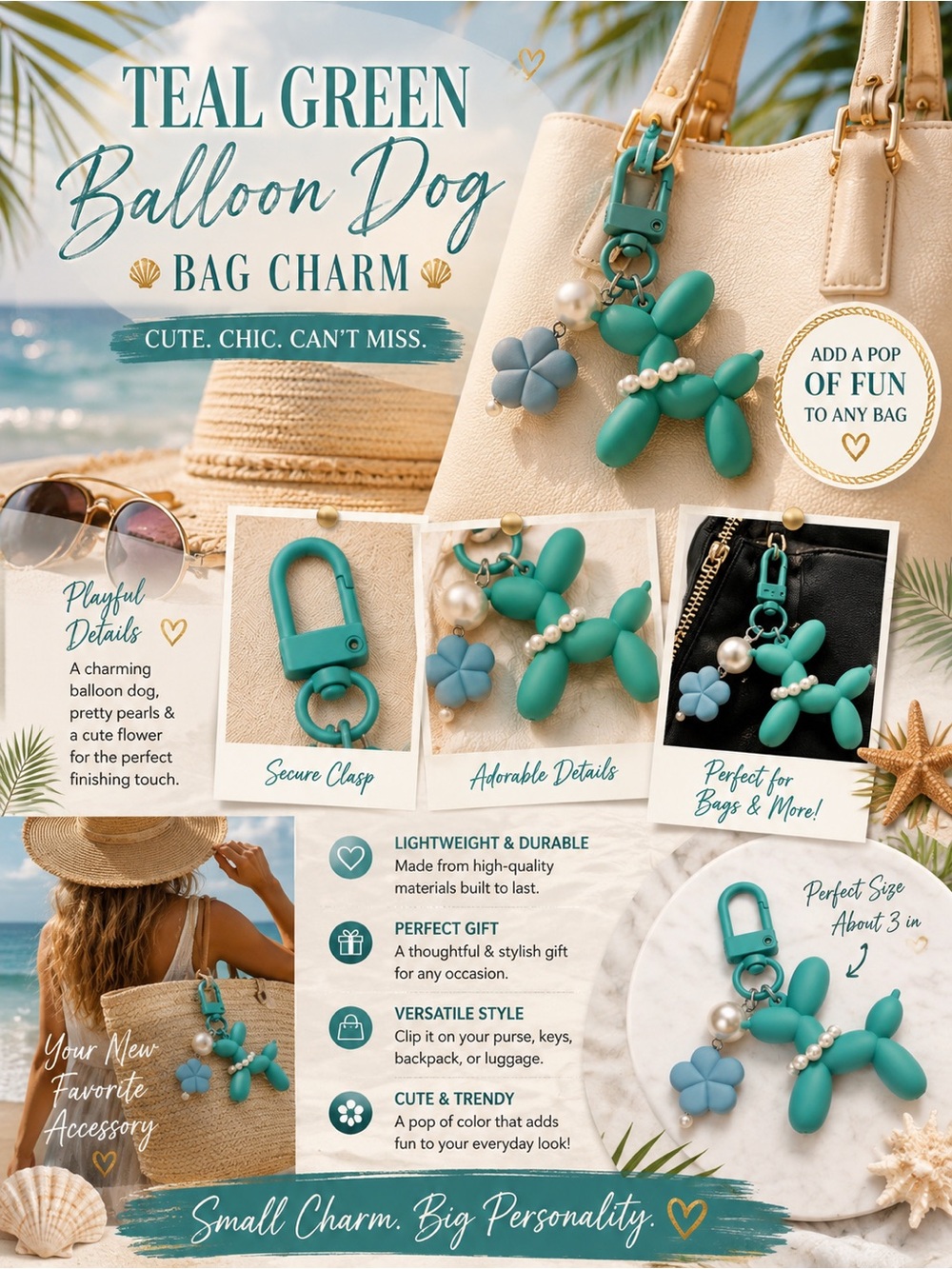 Teal Green Balloon Dog Bag Charm